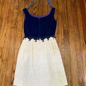 Vintage Carol Brent 1950s Blue Velvet/Cream Brocade Sleeveless Evening Dress